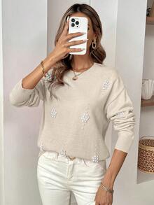 SHEIN LUNE 休闲柔软珍珠装饰女式毛衣 - 卡其色 - 查看 5