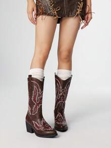 ROMWE Fairycore Giày bốt cao đến giữa bắp chân, mũi nhọn phong cách phương Tây dành cho nữ, thời trang để mặc hàng ngày - màu nâu - Xem 2