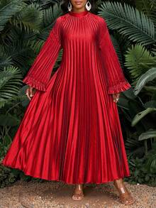 SHEIN Lady Đầm tay dài cổ cao màu trơn cỡ lớn tối giản mặc hàng ngày - Đỏ - Xem 6