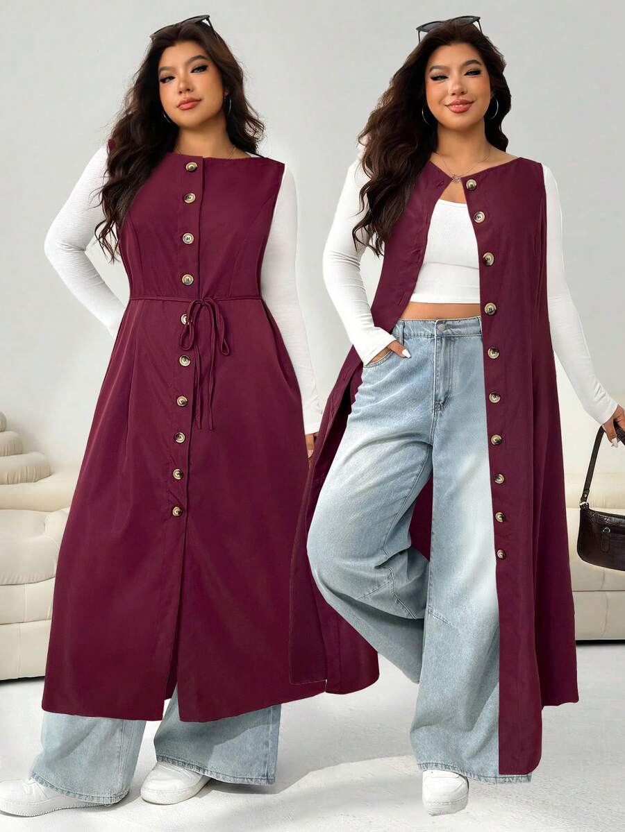 SHEIN EZwear Robe décontractée sans manches à col rond et boutonnage simple en couleur unie pour femmes grandes tailles
