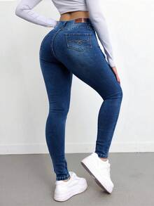 Jeans de Tiro Alto para Mujer - Pantalones de Campana de Denim Elástico Azul Elegante con Diseño Clásico de Cinco Bolsillos, Tejido de Poliéster Cómodo para Uso Diario - Azul - Ver 2