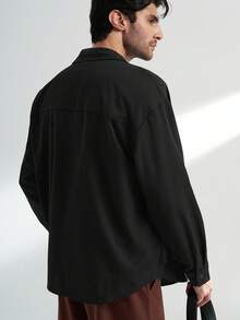 Airaco Men Solid Color Long Sleeve Single-Breasted Casual Pocket Loose Shirt, Fall - Black - View 4