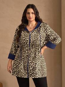 Chikora 大码豹纹双面连帽长袖休闲外套 - 藏蓝色 - 查看 6