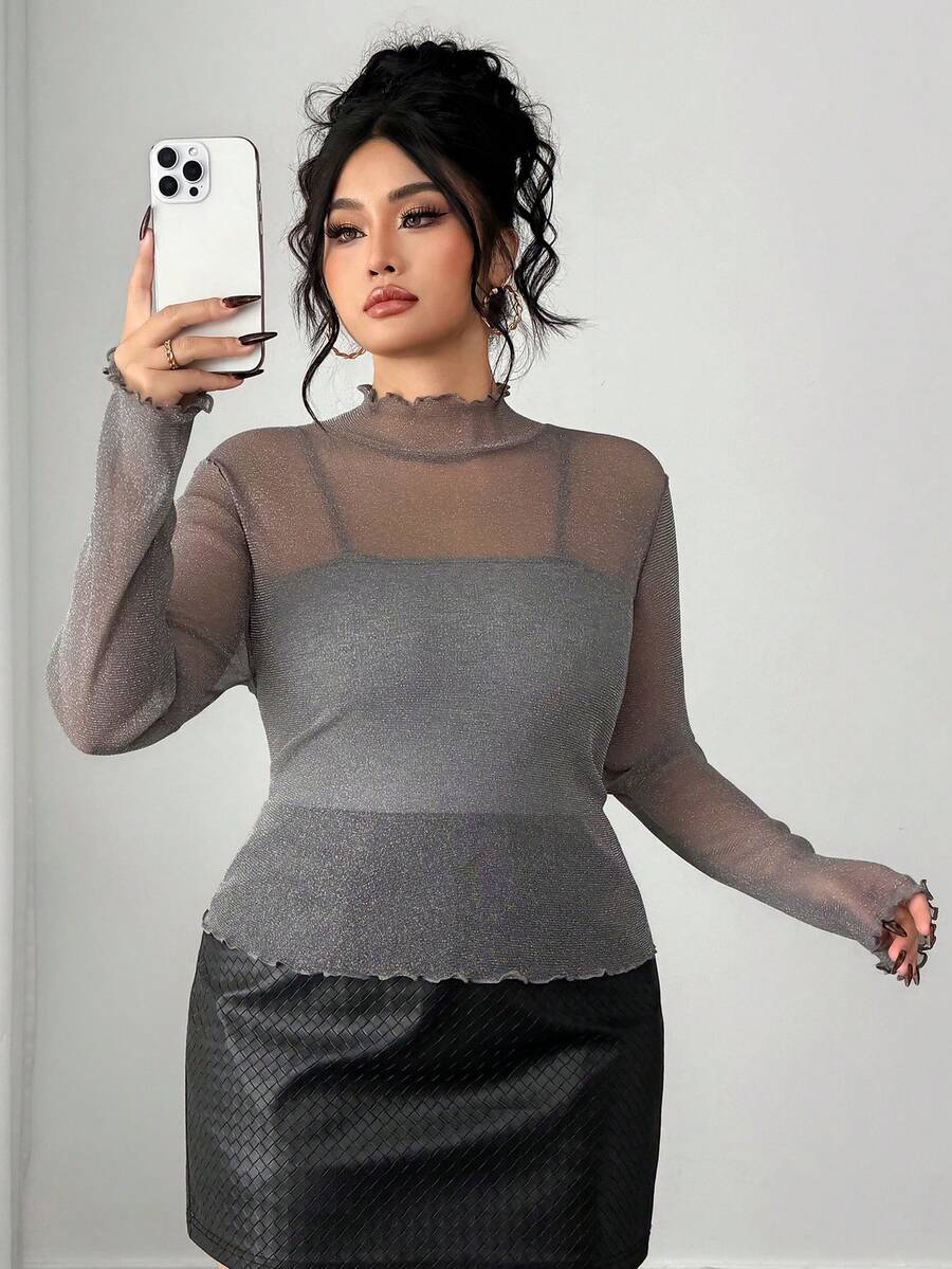 Dazy Plus 亮面修身高领紧身T恤，大码女式上衣 - 灰色 - 查看 1