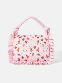 HARRY POTTER X SHEIN Print Large Capacity Soft Pillow Bag, Pink Kawaii Ruffle Shoulder Purse, Y2K Handbag For Daily & School Outfits - Pink - View 9