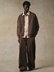 STYNVO 男士纯色拉链夹克和阔腿裤休闲大地色系两件套，棕色宽松版型，带保暖内衬 - 棕色 - 查看 4