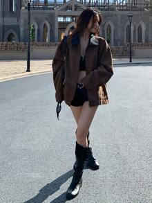 DAZY 女士PU拼接撞色长袖常规款外套，秋冬女式外套 - 咖啡棕 - 查看 6