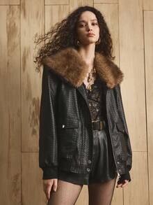 Revavyn Revavyn Women's Black PU Leather Jacket,Winter Chic Night Out Woven Pattern Detachable Fur Collar Jacket,Daily Commuting Fall Clothes,Halloween Costume - Black - View 3