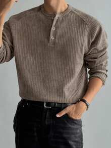 DAZY Men's Partial Zip-Up Brown Round Neck Raglan Sleeve T-Shirt, Autumn - Brown - View 1