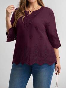 LUNE Blusa de verano de talla grande, de unicolor, hueca, bordada, casual, para vacaciones, temporada de bodas, nuevo diseño de playa para mujer - Burdeos - Ver 6
