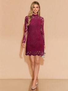 Amorya 女士优雅蕾丝边饰连衣裙，秋季新款，白色蕾丝袖连衣裙 - 酒紅色 - 查看 4