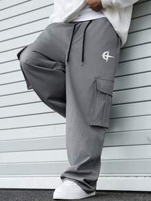 ROMWE MEN Pantalones casuales sueltos con bolsillo de unicolor para hombre - Gris Oscuro - Ver 6