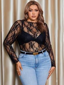SHEIN Unity 大码女士性感透视蕾丝长袖圆领休闲修身弹力上衣，春秋季 - 黑色 - 查看 5