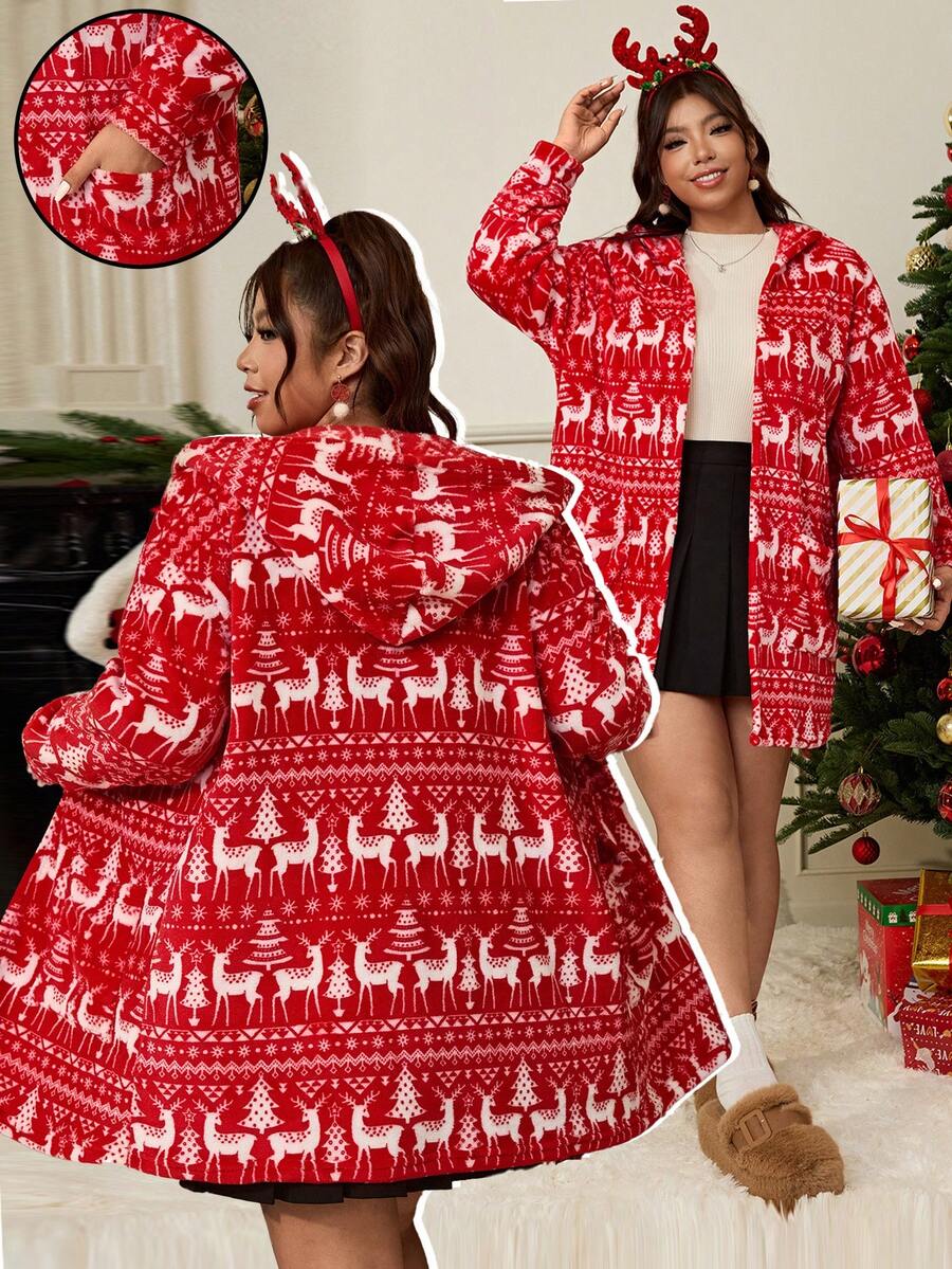 SHEIN EZwear Plus Size Women's Christmas Reindeer Pattern Long Sleeve Hooded Jacket,Black And White,Autumn,Casual,Elegant,Wedding Guest,Chic New Year Thanksgiving - Red - View 1