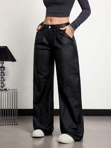 Jeanoix 女士高腰直筒宽松休闲黑色皮裤，显瘦百搭 - 黑色 - 查看 5