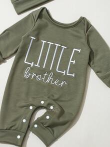 SHEIN 2Pcs Set Newborn Boy Photography Outfits Little Brother Embroidery Baby Coming Home Outfit Baby Shower Gift 1 Month 3 Month Infant Photo Props - Green - View 5