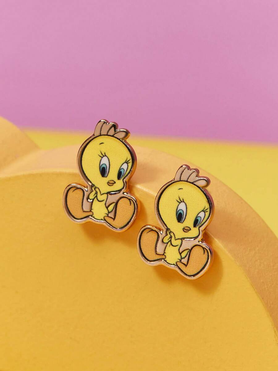 LOONEY TUNES X SHEIN Anting-anting Stud Wanita Motif Kartun Populer Lintas Batas, Mewah Ringan, Anting-anting Kecil Super Imut Kelas Atas, Cocok untuk Pesta, Konser/Festival - Kuning - View 1
