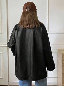 DAZY 女士翻领大口袋人造毛皮内衬常规款夹克，秋冬季女士皮夹克外套 - 黑色 - 查看 2