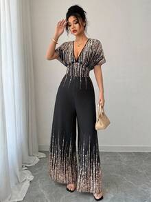 SHEIN Tall CURVE 大码女式条纹深V领蝙蝠袖性感连体裤 - 黑色 - 查看 3