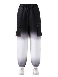 SHEIN 青少年（男孩）裤子，大男孩休闲印花长裤，对比渐变字母和渐变印花，松紧腰身，日常穿着，宽松街头时尚 - 黑色 - 查看 6