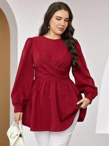 Veilorie Plus Size Women's Fashionable Elegant Casual Pleated Long Sleeve Shirt/Christmas - Burgundy - View 5