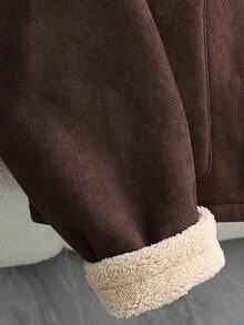 Franclia 女士休闲落肩拉链领长袖外套，带口袋，仿麂皮绒和泰迪绒面料，双色棕色，冬季款