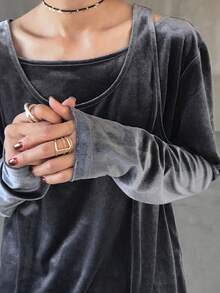 FRIFUL Women's Velvet T-Shirt Vest, 2 In 1 Loose Fit Thick Fabric Outerwear Top, Streetwear Style - Black - View 8