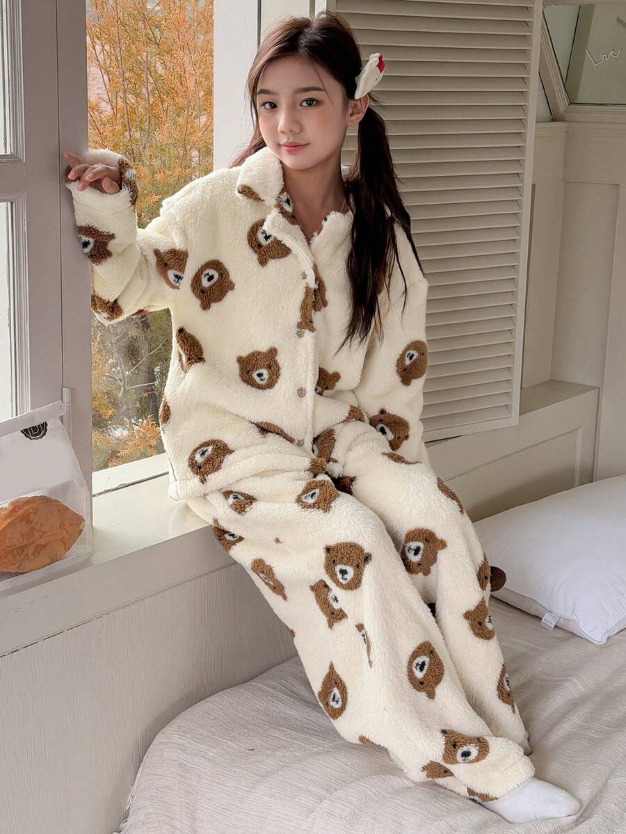 DAZY 少女熊印花保暖睡衣套装，冬季 - 杏色 - 查看 1