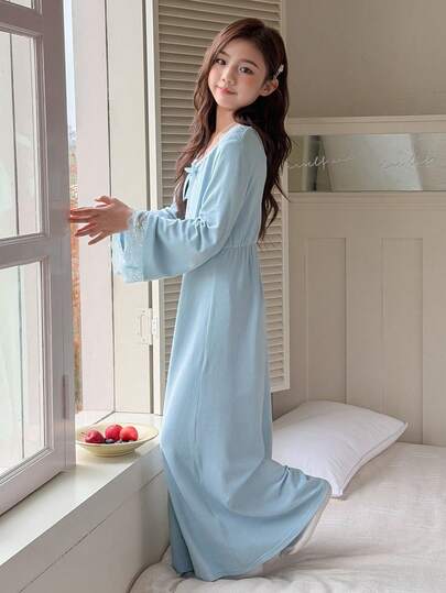 Dazy Kids Tween Girl Solid Color Lace Trim Flare Sleeve Extra Long Nightgown Loungewear