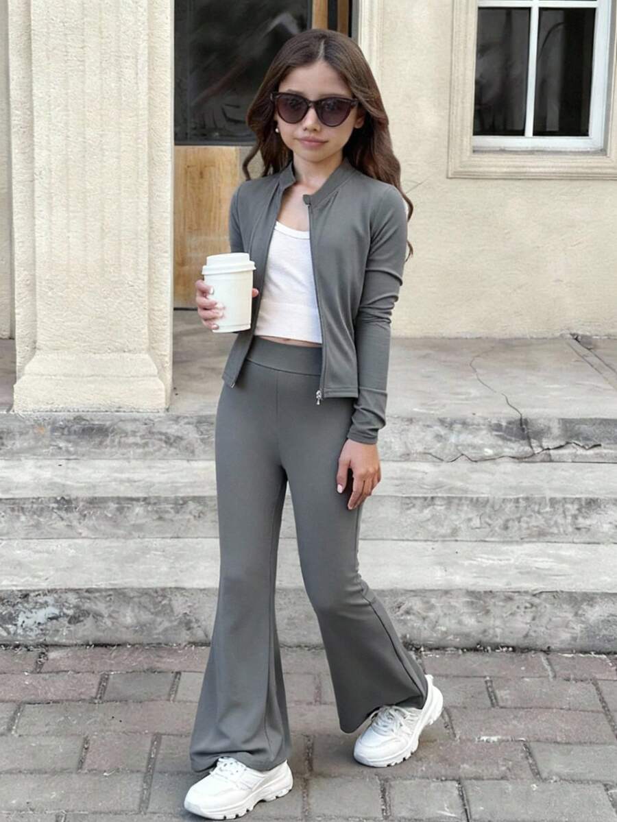 SHEIN 少女休闲纯色长袖上衣T恤和喇叭裤两件套,适合秋冬季日常穿着 - 灰色 - 查看 1