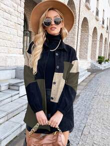 EMERY ROSE Chaqueta de mujer de manga larga, cuello de camisa, de un solo pecho, con bolsillo y contraste de color, para otoño/invierno