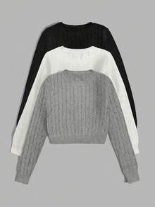 Chiquease 女式休闲粗线图案圆领长袖毛衣，秋冬 - 彩色 - 查看 2