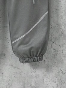 2pcs/Set Older Boys' Casual Simple White Striped Pocket Design Short Sleeve T-Shirt And Knit Drawstring Pants Sports Outfit, Spring/Summer