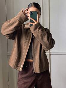 DAZY 女士格子拼接宽松翻领长袖休闲街头复古秋冬牛仔外套 - 藍色 - 查看 4