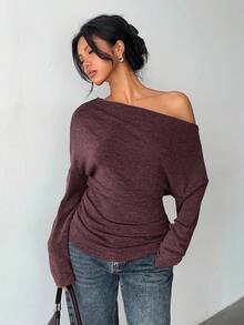 Aloruh 纯色褶皱休闲百搭长袖不对称领针织上衣 - 酒紅色 - 查看 6