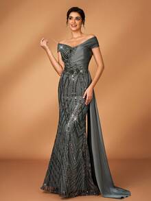 Serin Elegant Luxurious Beaded & Sequin Patchwork Elastic Satin Applique Off Shoulder Mermaid Dress, Suitable For Weddings, Parties, Vacations, Galas, Bride's Mother Evening Gowns