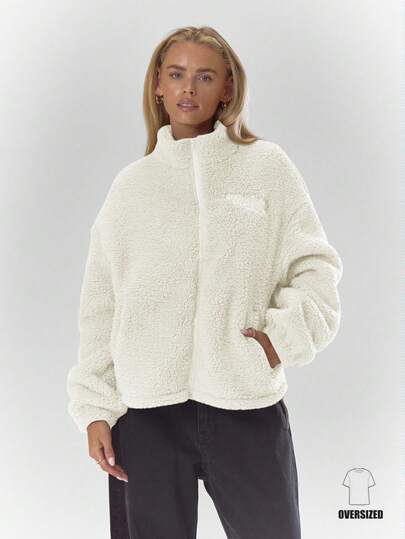 MUSERA High Neck Embroidered Elasticated Toggle Detail Fleece Jacket Cosy Cute Casual Coffee Club Winter Spring