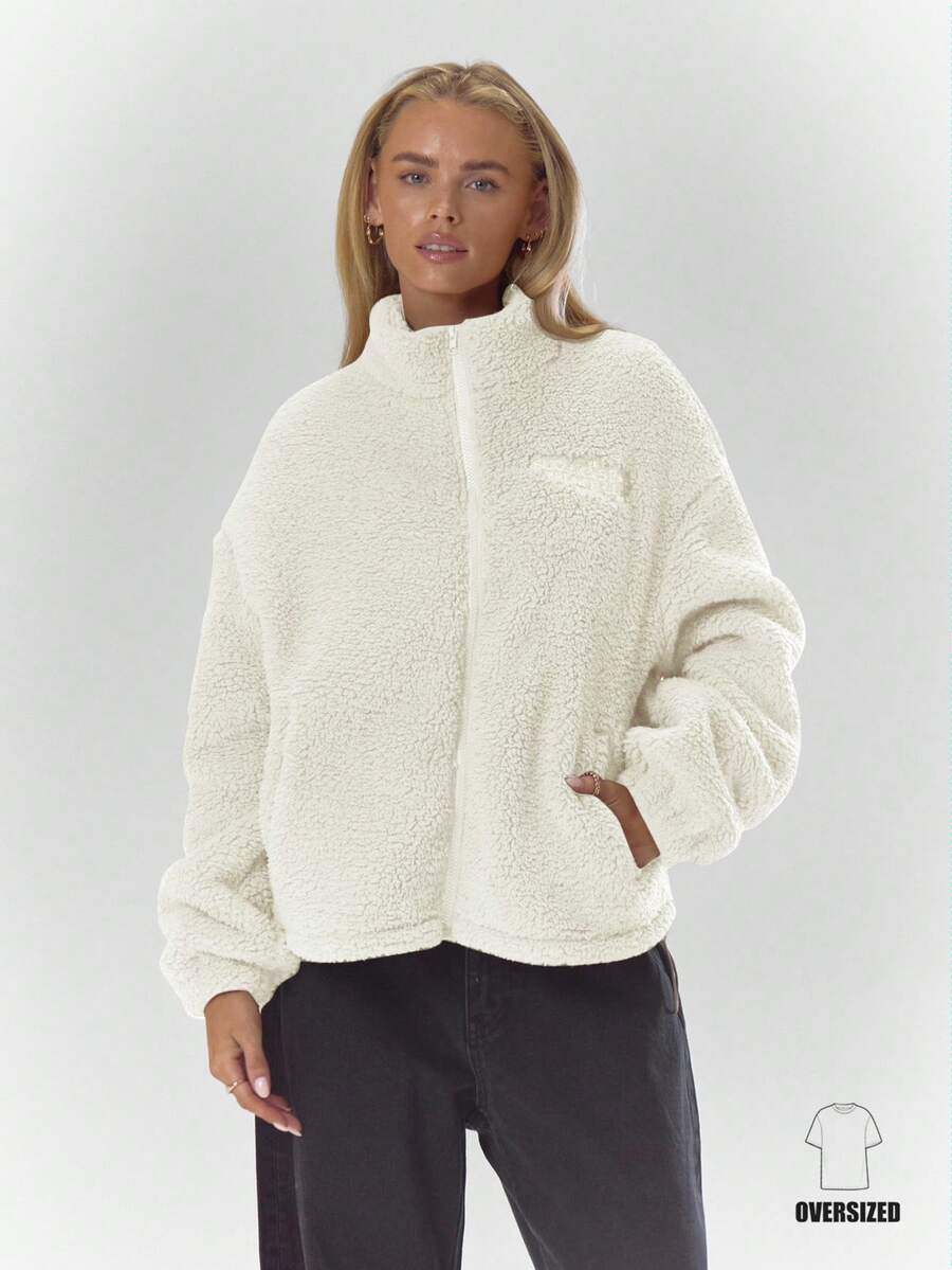 MUSERA High Neck Embroidered Elasticated Toggle Detail Fleece Jacket Cosy Cute Casual Coffee Club Winter Spring - White - View 1