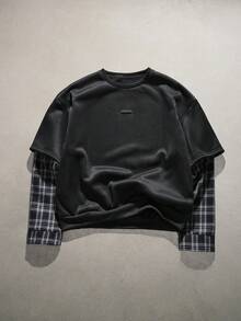 AXEPEAK Men's Plaid Print Crew Neck Casual Versatile Long Sleeve Pullover Sweatshirt - Black - View 1