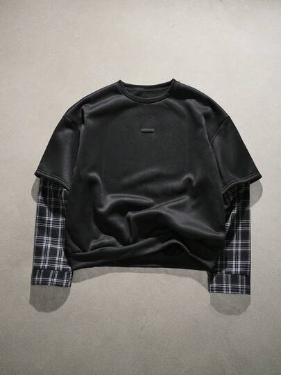 AXEPEAK Men's Plaid Print Crew Neck Casual Versatile Long Sleeve Pullover Sweatshirt