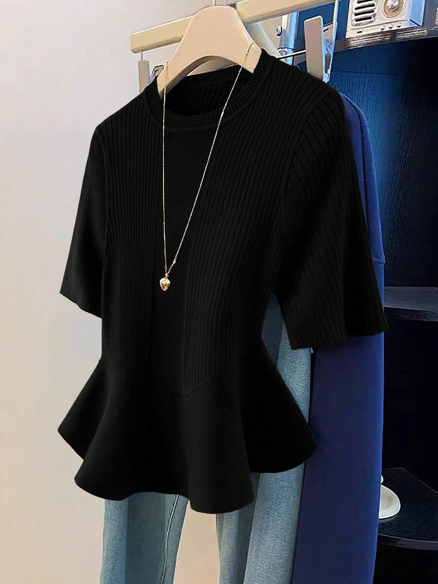GlowEve CURVE Plus Size Women Elegant Solid Color Short Sleeve Peplum Hem Ribbed Knit Top - Black - View 1