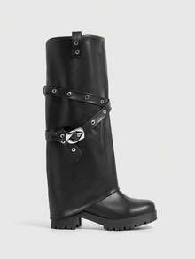 Sugerpunk Women's Fashion Adjustable Buckle Thick Heel Knee-High Boots For Christmas - Black - View 4
