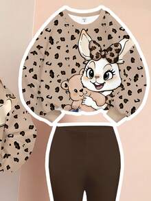 SHEIN Leap Crew مجموعة من قطعتين، بلوزة كاجوال بياقة طاقم طويلة الأكمام وبنطال واسع بنمط الأرنب والنمر البني والخاكي، مناسبة للفتيات المراهقات في فصلي الخريف والشتاء، قطنية ناعمة وسميكة