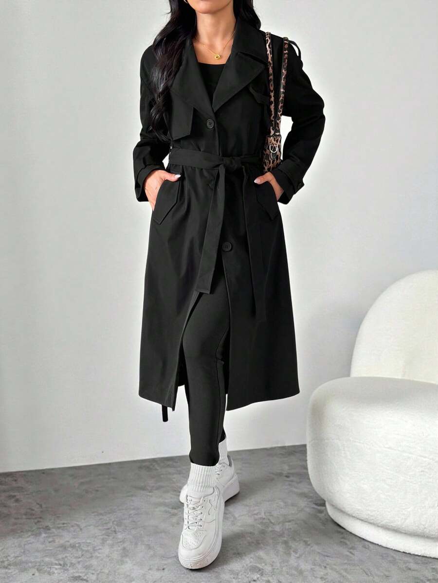 SHEIN PETITE معطف ترنش نسائي بلون موحد منسوج طويل برباط أمامي وأزرار، خريف/شتاء (1 قطعة) - الأسود - مشاهدة 1