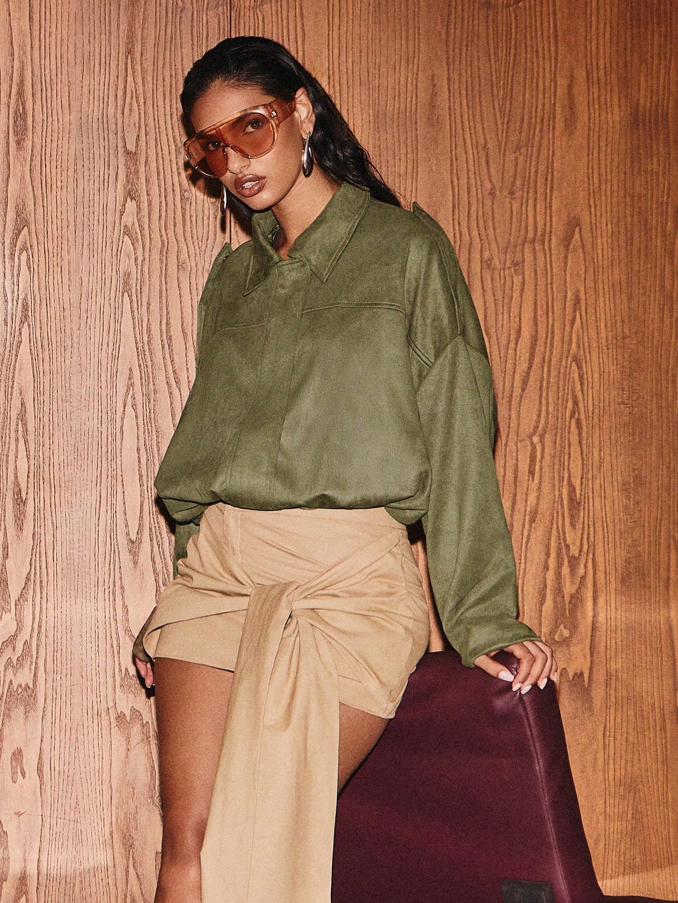 KIZN Oversized Suede Utility Jacket With Collar And Pockets