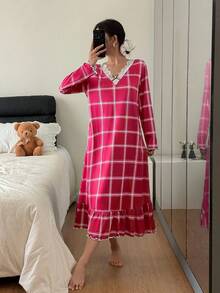 SHEIN 女士内衣睡衣，玫红色格子印花荷叶边蕾丝V领蝴蝶结丝滑长款睡裙，休闲日常中长连衣裙，宽松睡裙 - 玫紅色 - 查看 6