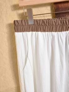 Rusticease Plus Size Women's Fall/Early Spring Casual Fashion Vacation Vintage Casual Country Patchwork Contrast Color Ruffle Button Decor White Pants With Pockets, , Plus Size  Suitable For Early Spring, Going Outs,2026 New ,Simple And Fashionable For Everyday Wear, White Beach Pants, Women Summer Pants, Vacations Women ,Holidays For Women, Spring Women, Valentine's Day ,Valentines For Women, - White - View 7