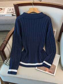 GlowEve CURVE Casual Minimalist Embroidered Colorblock Polo Collar Long Sleeve Plus Size Knit Pullover Sweater, Autumn/Winter - Royal Blue - View 2