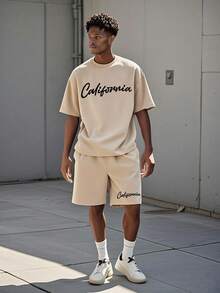 SHEIN Vacaura Boy Summer Outfit 2pcs/Set Teenage Boys Casual Outfit - Round Neck Short Sleeve Top And Sports Shorts, Summer - Apricot - View 1