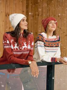 Activina Christmas Pattern Stand Collar Women's Ski Sweater Christmas Sweater Red Sweater - Red and White - View 10